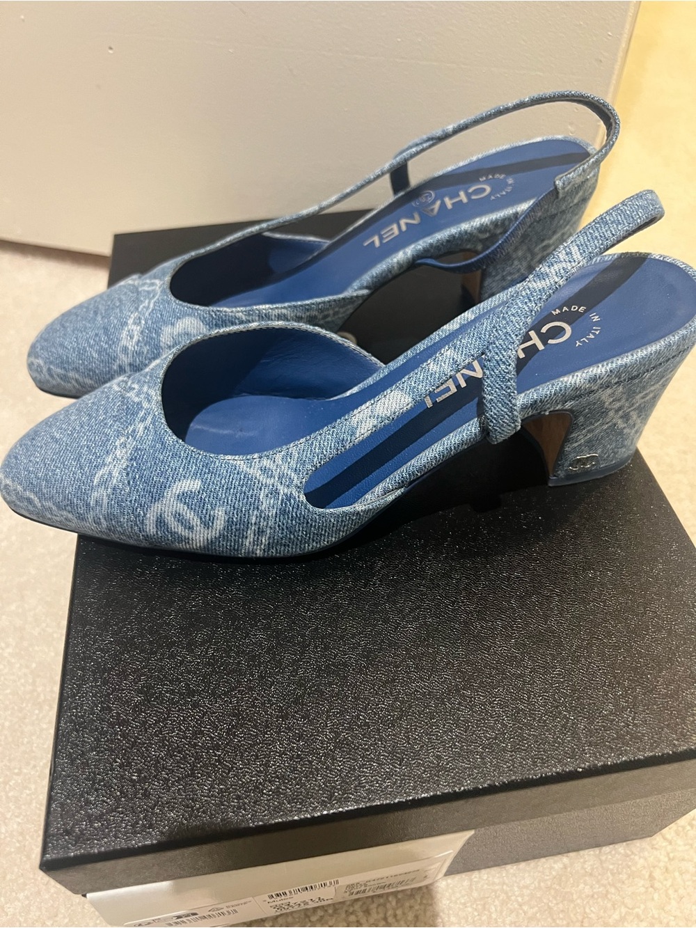 CHANEL Denim Blue Slingback Block Heel Pumps